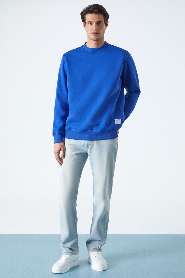 Travıs Erkek Yumuşacık Kumaşlı Regular Fit Yuvarlak Yakalı Saks Mavi Sweatshirt - 4
