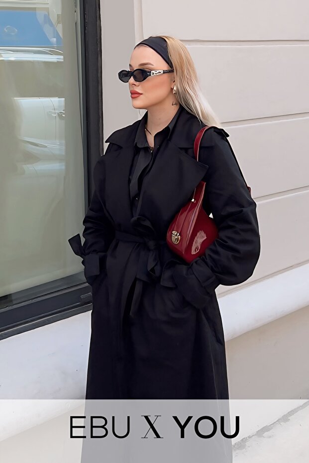 Kadın Geniş Yakalı Basic Trençkot Siyah - 5