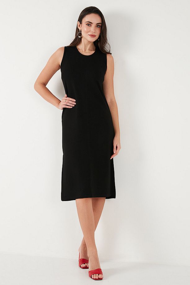 Regular Fit Bisiklet Yaka Yırtmaç Detaylı Basic Midi Elbise ELBİSE 5866160 - 5