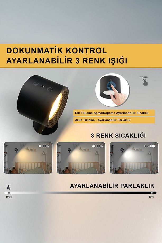 Duvar Aplik Aydınlatma - 360° Dönebilen Şarjlı - 3 Işık Modlu - Kumandalı Taşınabilir Aplik Lamba - 1