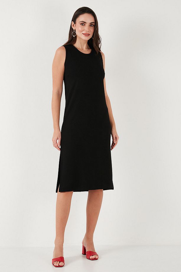 Regular Fit Bisiklet Yaka Yırtmaç Detaylı Basic Midi Elbise ELBİSE 5866160 - 6