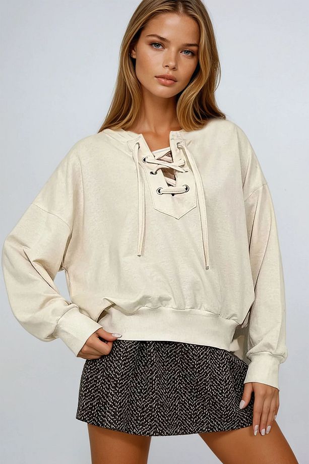 Kadın Bej Önü Bağcıklı Oversıze Sweatshirt Vgn-Mda-1029 - 6