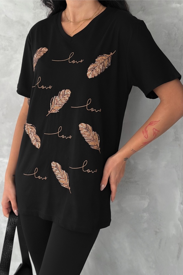 Women's Black V-Neck Plus Size Leaf Sequin Sequin Embroidered 100% Cotton T-Shirt