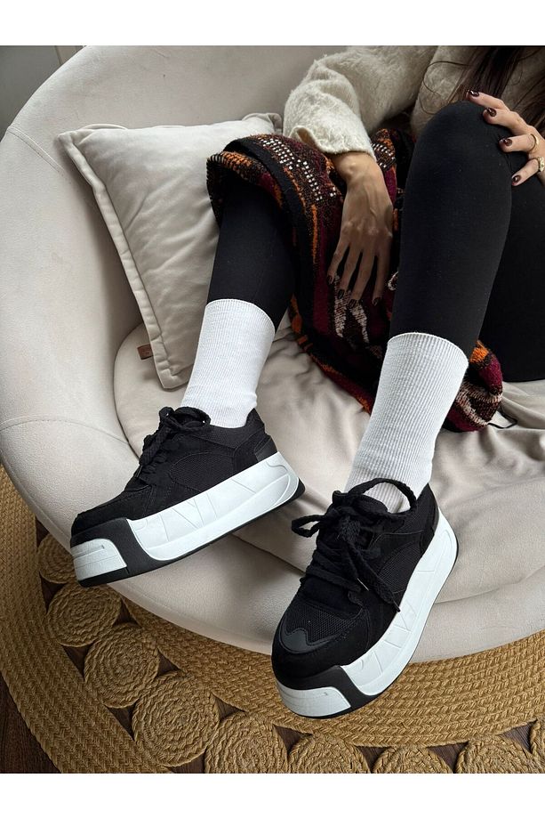 Kadın Siyah Süet Yüksek Taban Sneakers (6 Cm Taban ) - 6