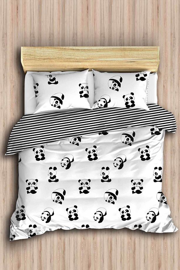 Çift Kişilik Kolay Ütülenir Nevresim Takımı B&W Panda - 2