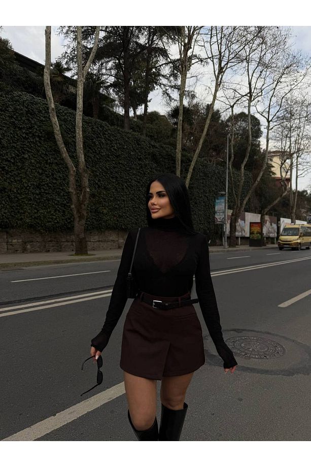 Kadın Acı Kahve Yüksek Bel Önü Cepli Kemerli Kısa Şort Etek - 4