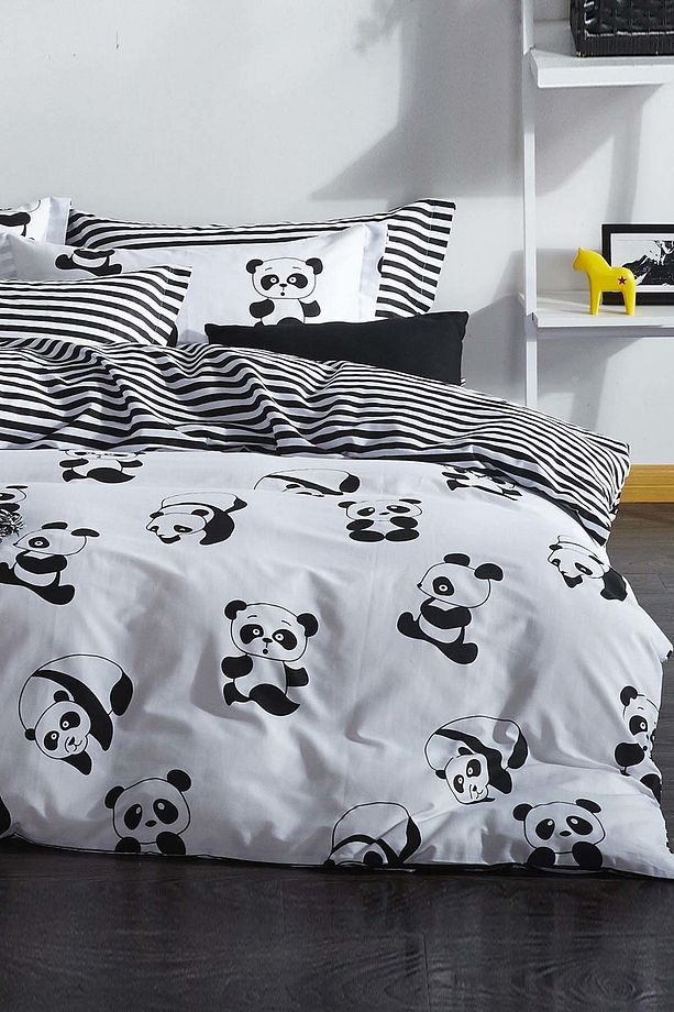 Çift Kişilik Kolay Ütülenir Nevresim Takımı B&W Panda - 1