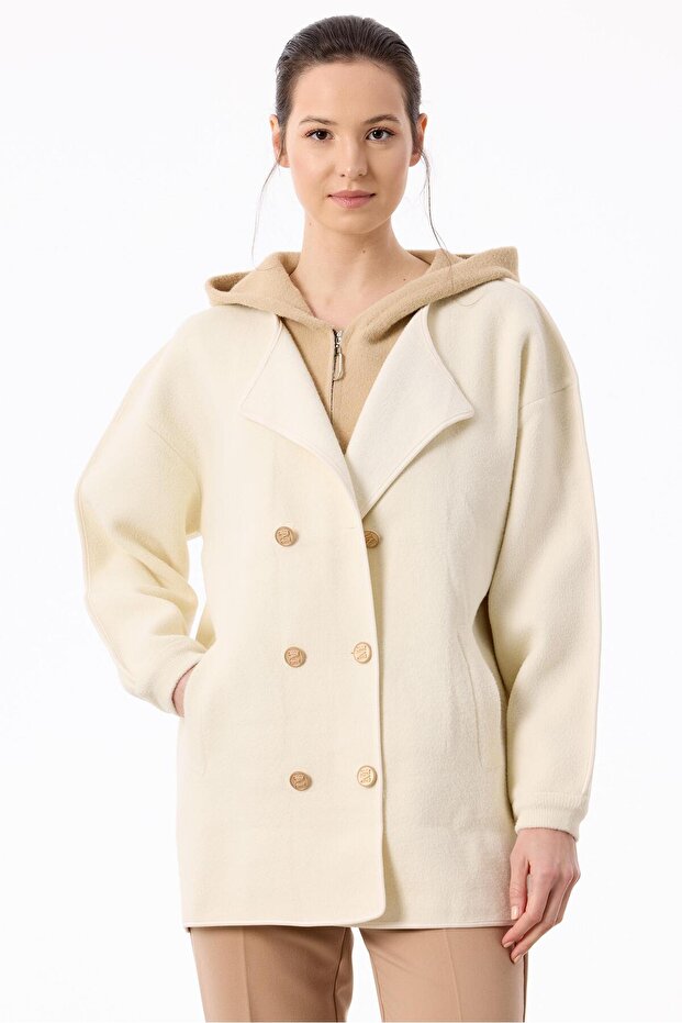 Camel Knitwear Coat - Double Collar Detail