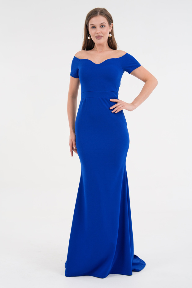 Women's Crepe Fabric Sweetheart Neckline Off the Shoulder Detail Tailed Cobalt Blue Maxi Evening Dress 582988