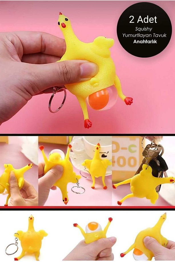 2 Adet Çılgın Tavuk Squishy Yumurtlayan Tavuk Anahtarlık Çanta Ve Cüzdan Süsü Hediyelik - 1