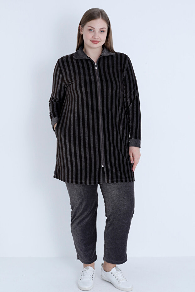 Women's Plus Size Line Print Long Sleeve Zipper Pocket Cotton Velvet Bottom Top Suit