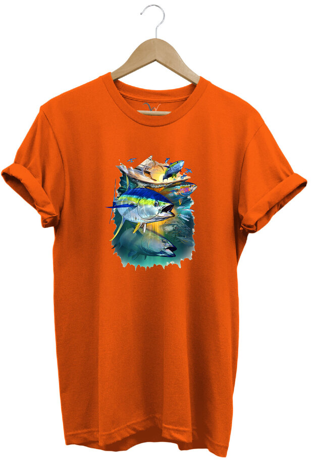 Fishing Fish Printed Fishing 100% Cotton Regular Fit Crew Neck Orange T-Shirt