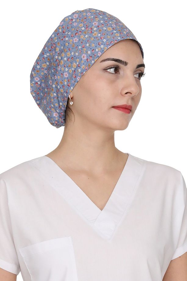 Mavi Çiçek Desenli Doktor Hemşire Aşçı Bonesi Unisex Cerrahi Bone - 1