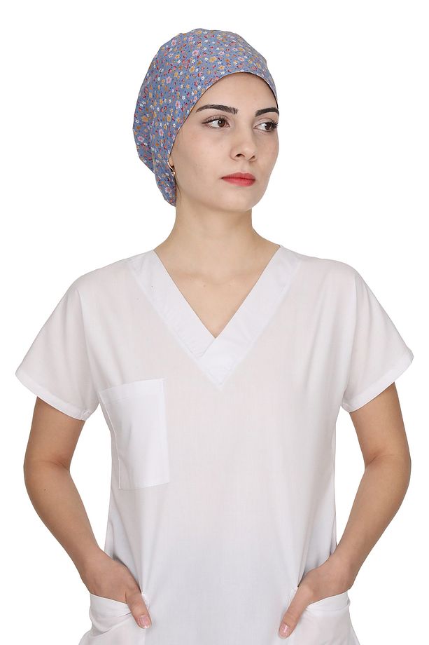 Mavi Çiçek Desenli Doktor Hemşire Aşçı Bonesi Unisex Cerrahi Bone - 3