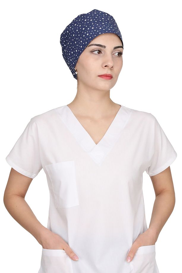 Mavi Mini Yıldız Desenli Doktor Hemşire Aşçı Bonesi Unisex Cerrahi Bone - 3