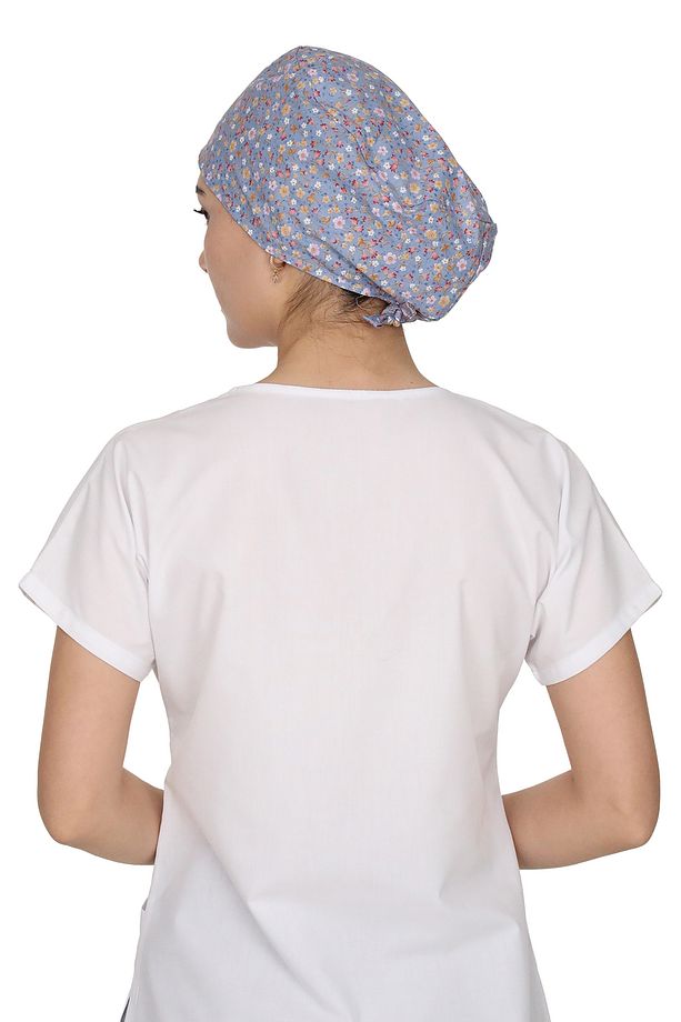 Mavi Çiçek Desenli Doktor Hemşire Aşçı Bonesi Unisex Cerrahi Bone - 4