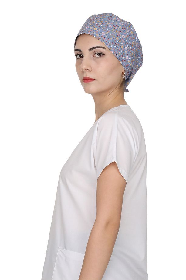 Mavi Çiçek Desenli Doktor Hemşire Aşçı Bonesi Unisex Cerrahi Bone - 2
