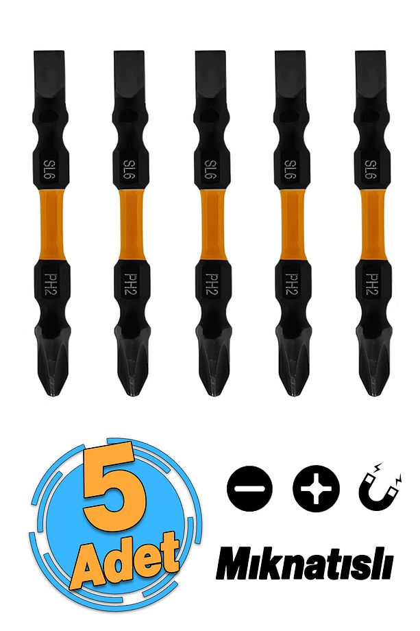 Mıknatıslı 5 Adet Çift Taraflı Bits Uç 50 Mm Vida Sökme 5 Cm Düz Yıldız Matkap Vidalama Ucu - 1