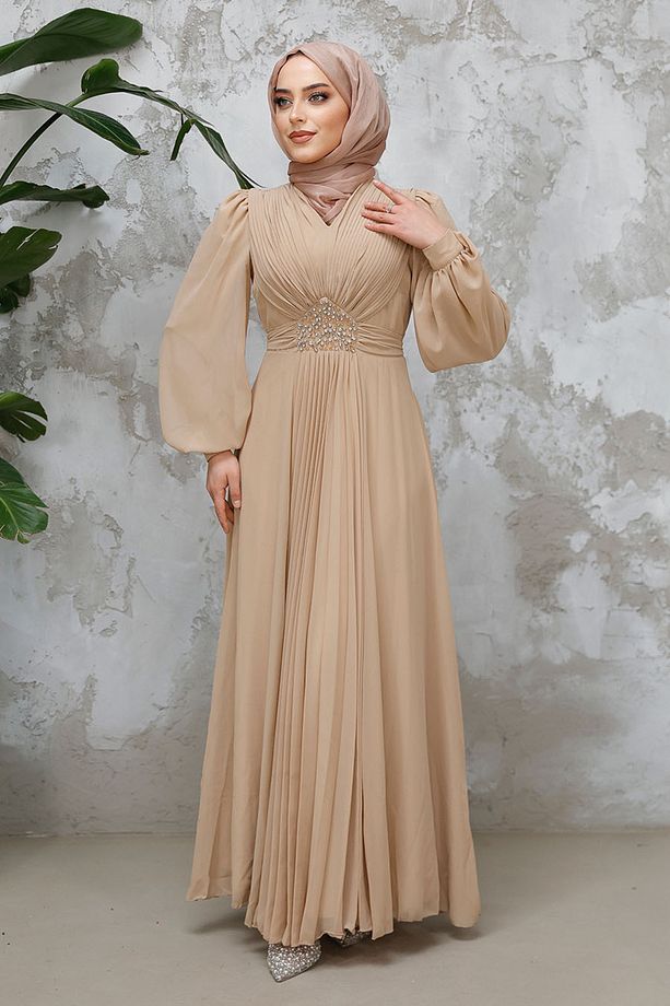 Drape Detaylı Bisküvi Tesettür Abiye Elbise 4448bs - 3