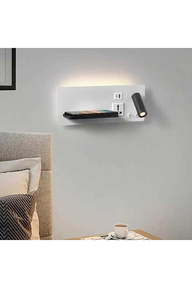 USB Şarj ve Kablosuz Şarjlı Yeni Nesil Modern Yatak Başı Armatürü 7 + 3 Watt Ledli Oynar Başlı Aplik - 6