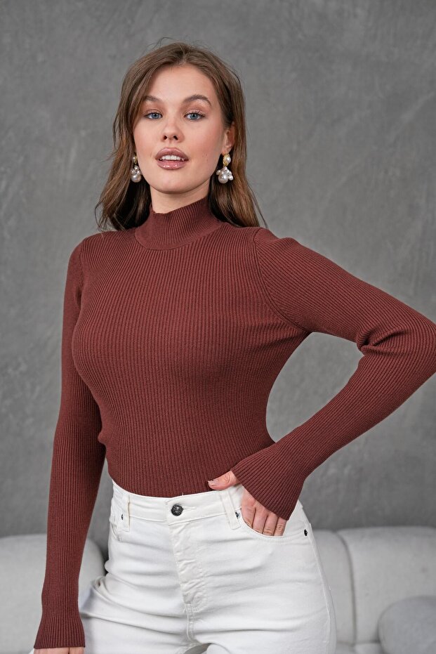 Half Fisherman Ribbed Badi Sweater 1246 Brown