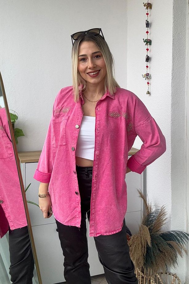 Oversize Başak Nakış Desen Fuşya Gabardin Gömlek - 3