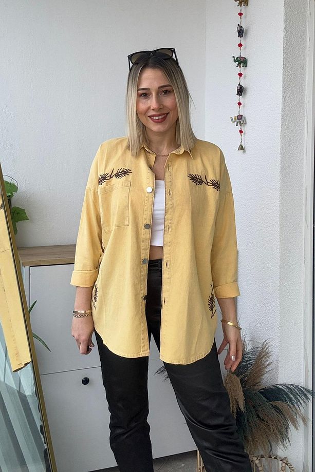 Oversize Başak Nakış Desen Sarı Gabardin Gömlek - 3