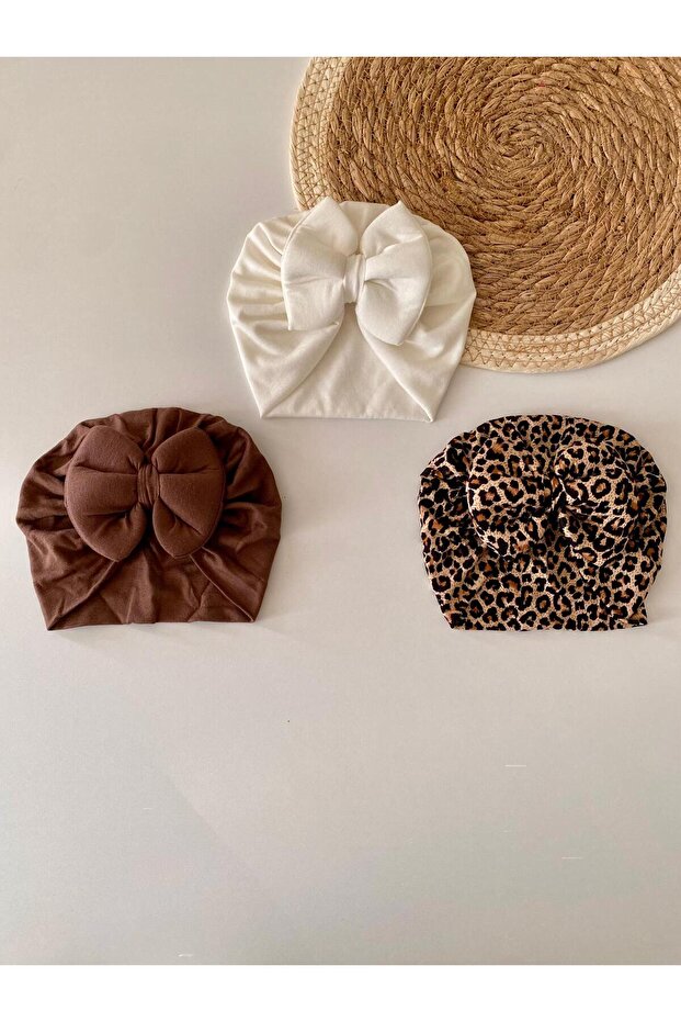 Bow Detailed Combed Cotton Baby Girl Bonnet 3-Piece Set (Ecru - Brown - Leopard)
