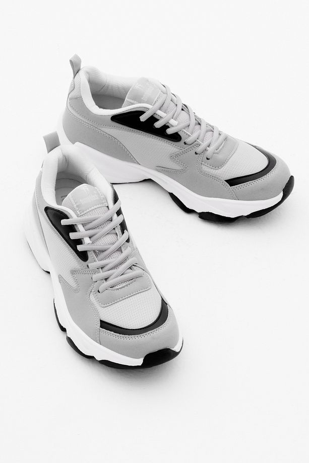 Unisex Gri Rahat Kalıp Yüksek Poli Taban Bağcıklı Spor Ayakkabı - 3