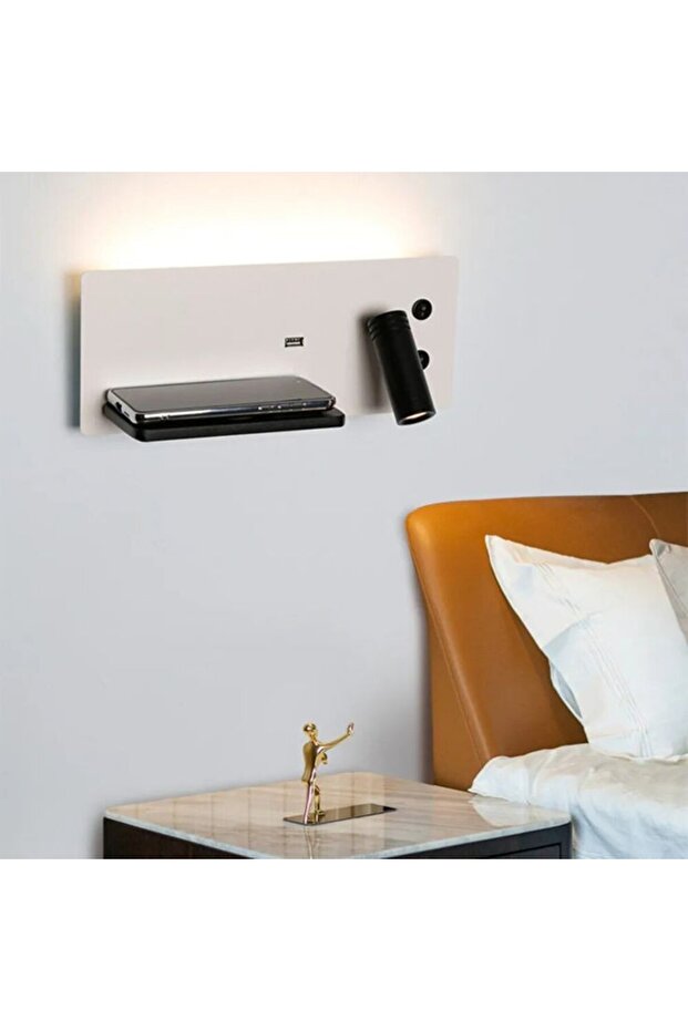 USB Şarj ve Kablosuz Şarjlı Yeni Nesil Modern Yatak Başı Armatürü 7 + 3 Watt Ledli Oynar Başlı Aplik - 1