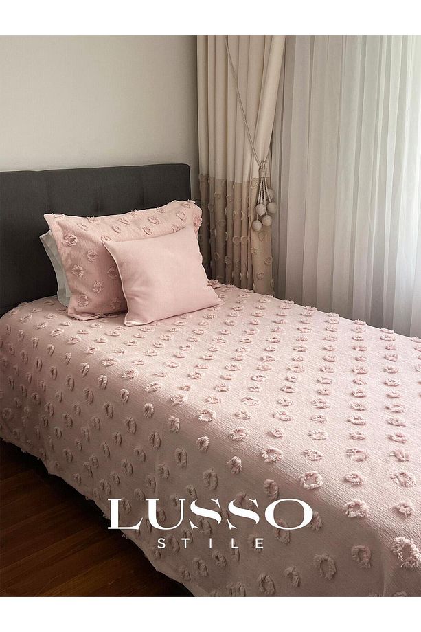Ponpon Tek Kişilik Pike Takımı Pudra 180x250 ve 1 Yastık Single - 1