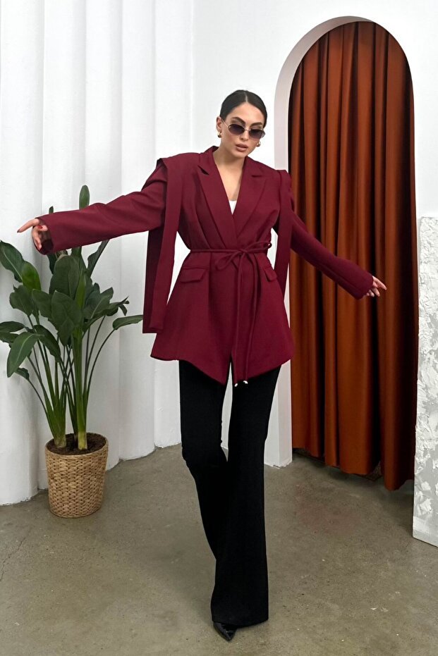 Women's Oversize Blazer Jacket with Belted Shoulder Detail