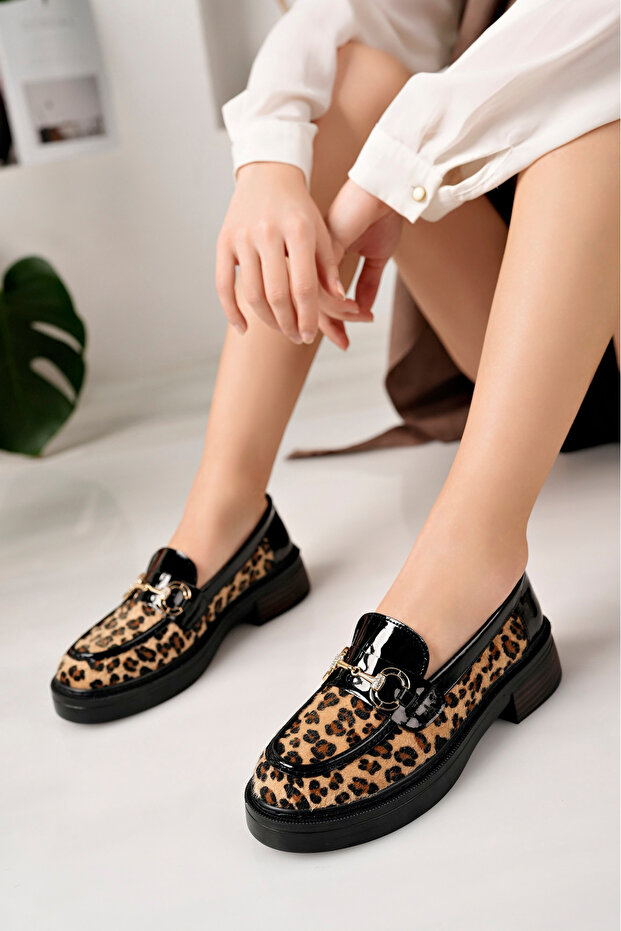 Black Patent Leather Leopard Patterned Gold Buckle Stone Women's Loafer Shoes