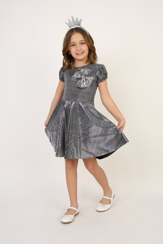 Gray Metallic Shiny Bow Detailed Girls' Dress D132