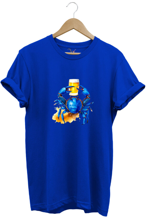 Summer Printed Blue Crab 100% Cotton Regular Fit Crew Neck Blue T-Shirt