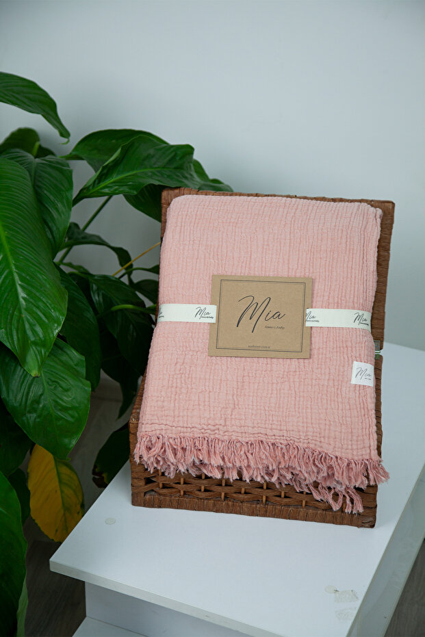 Single Bedspread - Pike 4 Layer Muslin 100% Cotton Fringed Double Color Pink / Ecru