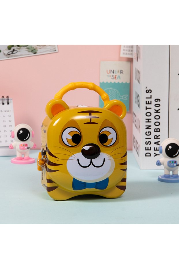 Tiger Metal Piggy Bank with Handle and Lock, Yellow, 16X11-