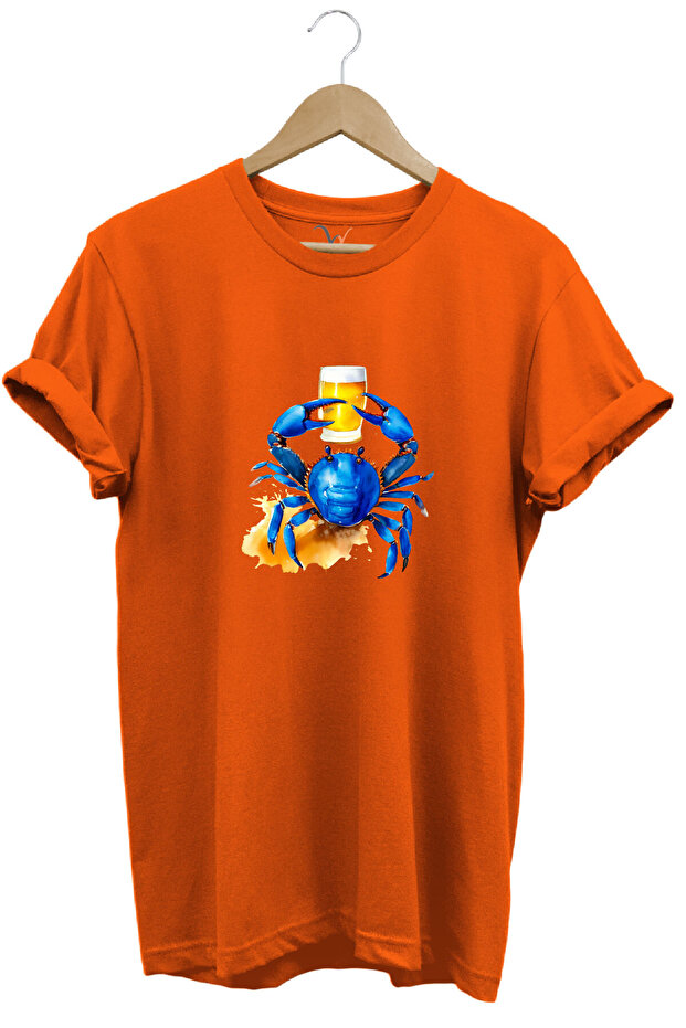 Summer Printed Blue Crab 100% Cotton Regular Fit Crew Neck Orange T-Shirt