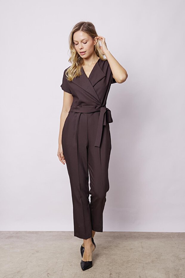 Stylish Coffee Color Wrap Neckline Off-Shoulder Lace-Up Ankle Length Office Jumpsuit - Lightweight Lycra Fabric
