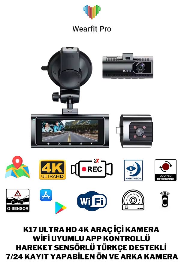K17 Ultra Hd 4k Wifi Ve App Kontrollü Hareket Sensörü Gece Görüşü 7/24 Kayıt Türkçe Çift AraçUyumlu - 1