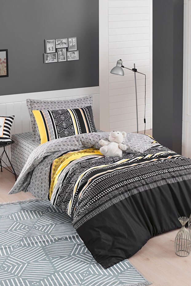 %100 Doğal Pamuk Nevresim Seti Tek Kişilik Formas Sarı-Siyah - 1