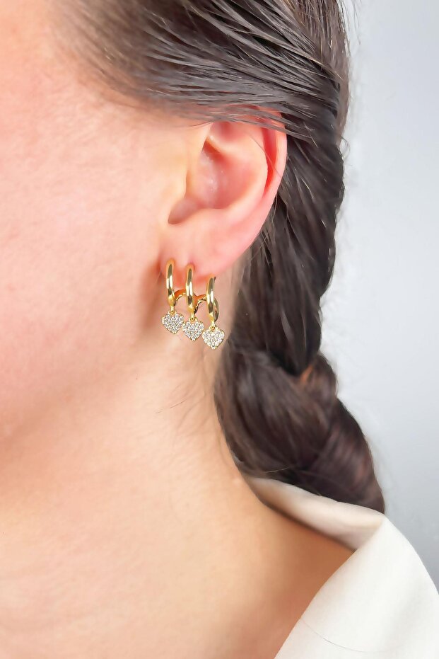 Heart Triple View Zircon Earrings - Gold