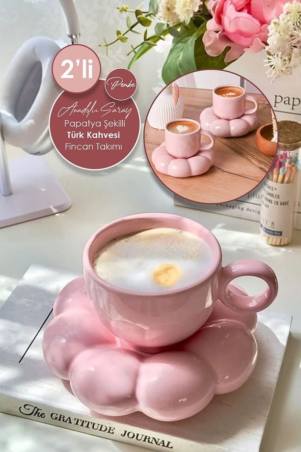 2 Adet El Yapımı Seramik Pembe Papatya Model Handmade Türk Kahvesi Fincan Seti 90ml - 1