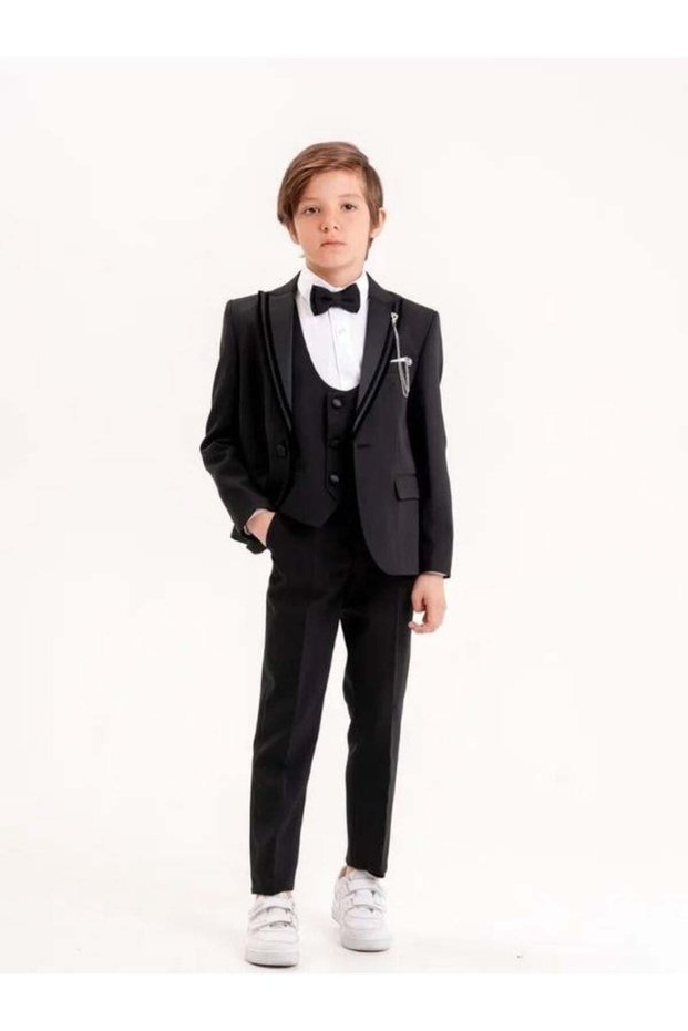 Boy's Double Satin Collar Lapel Pin 5 Piece Suit(11-14 Years Old)