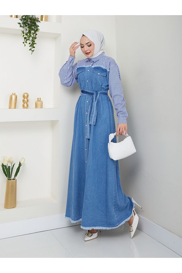 10 NUMARA MODA KADEN GÖMLEK DETAYLI KOT ELBİSE Açık Kot 10NMR2001 - 5