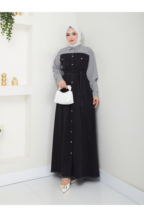 10 NUMARA MODA KADEN GÖMLEK DETAYLI KOT ELBİSE Füme 10NMR2001 - 3