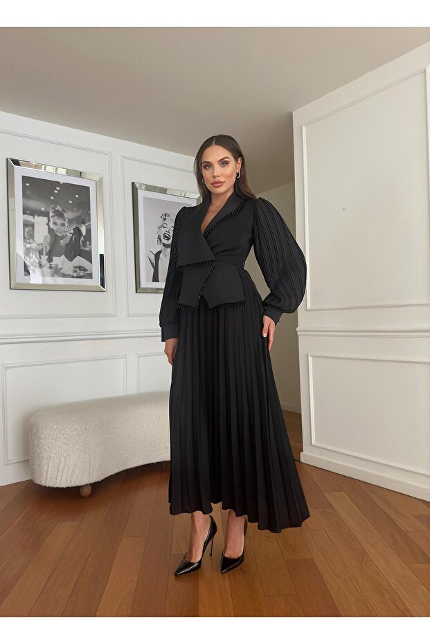 Women's Imported Fabric Pleated Stone Embroidered Sleeve Button Detail Special Design Lined Maxi Dress