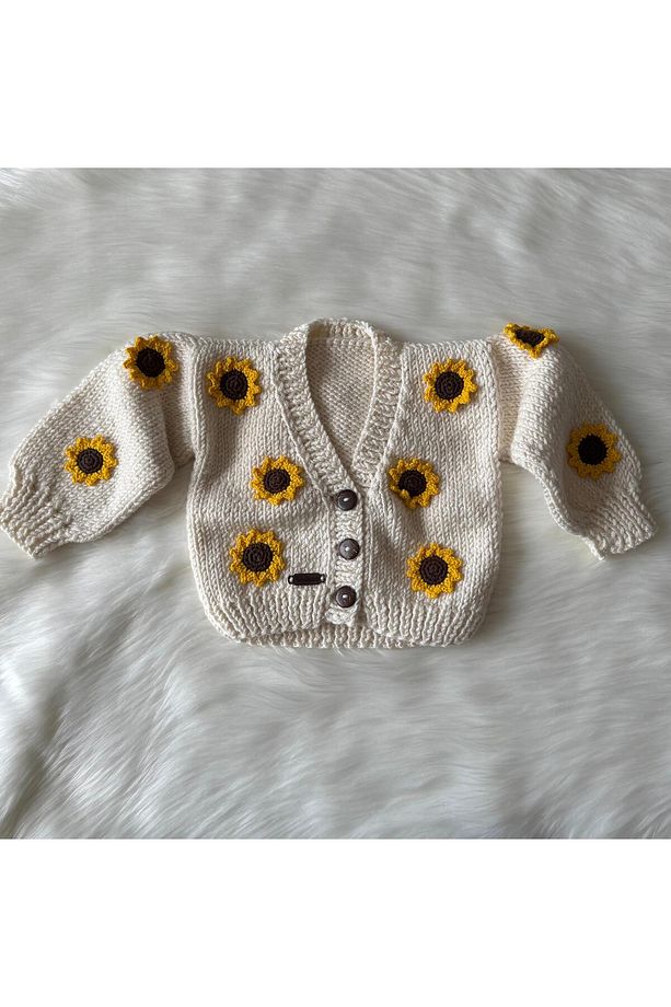 El Örgüsü Ayçiçek Motifli Bebek, Çocuk Crop Hırka - 3