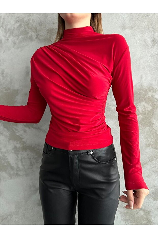 Draped Red Stand Collar Blouse - 3