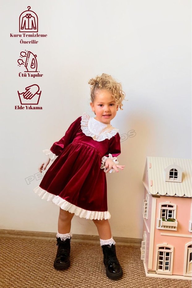 Burgundy Velvet Collar Skirt and Sleeve Lace Baby Girl Dress-Lia